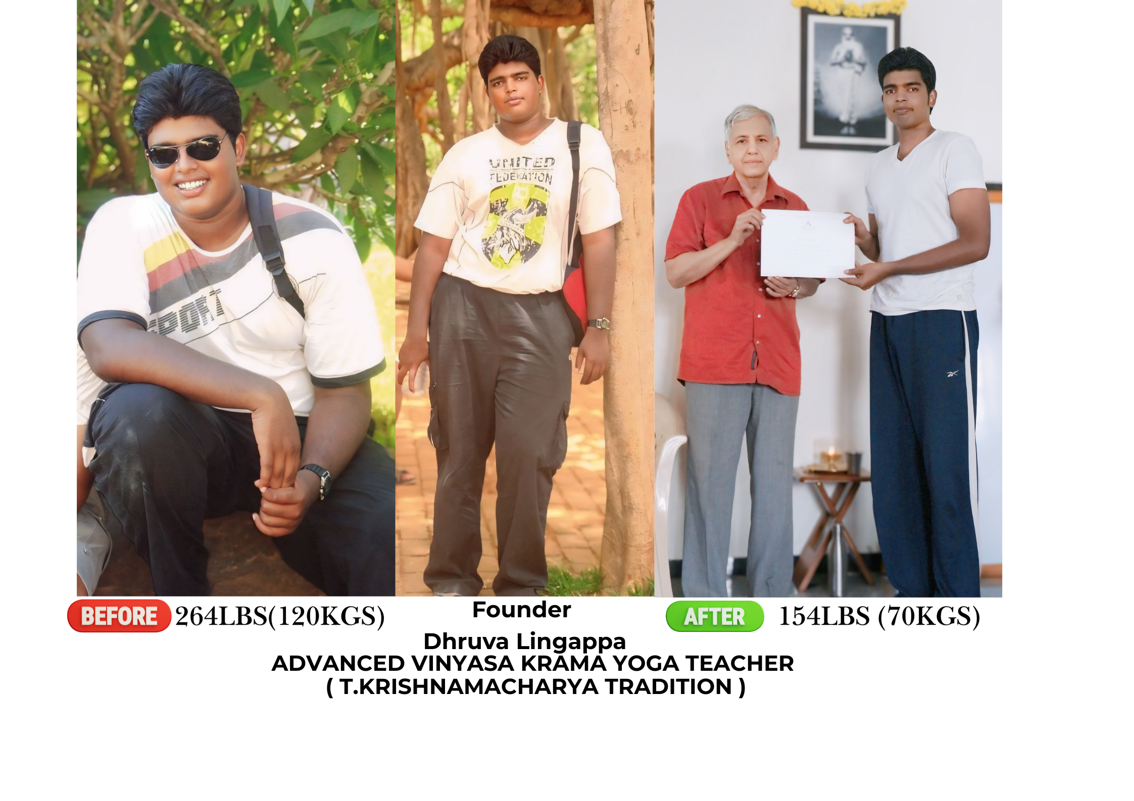 Before and after transformation of Dhruva Lingappa — 264 lbs (120 kg) to 154 lbs (70 kg)